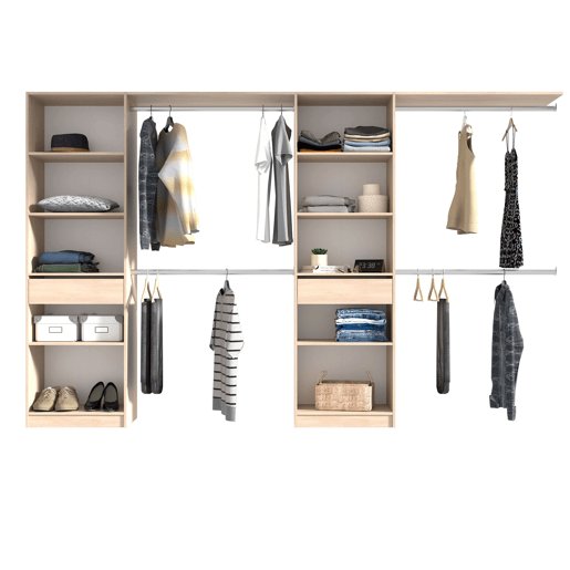 Guarda-roupa Elios para quarto em madeira clara - preto - branco 5 prateleiras 1 gaveta 4 barras 320x200x40 cm