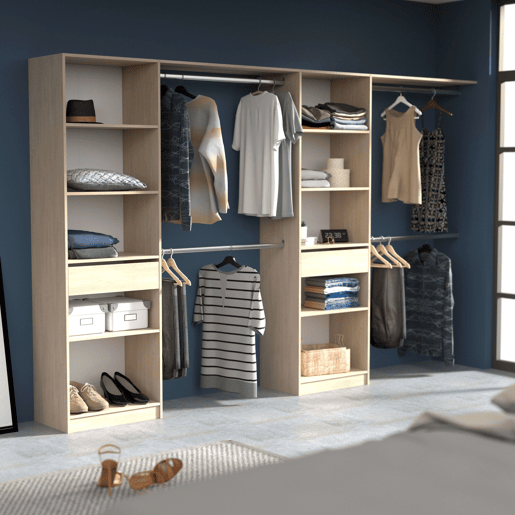 Guarda-roupa Elios para quarto em madeira clara - preto - branco 5 prateleiras 1 gaveta 4 barras 320x200x40 cm