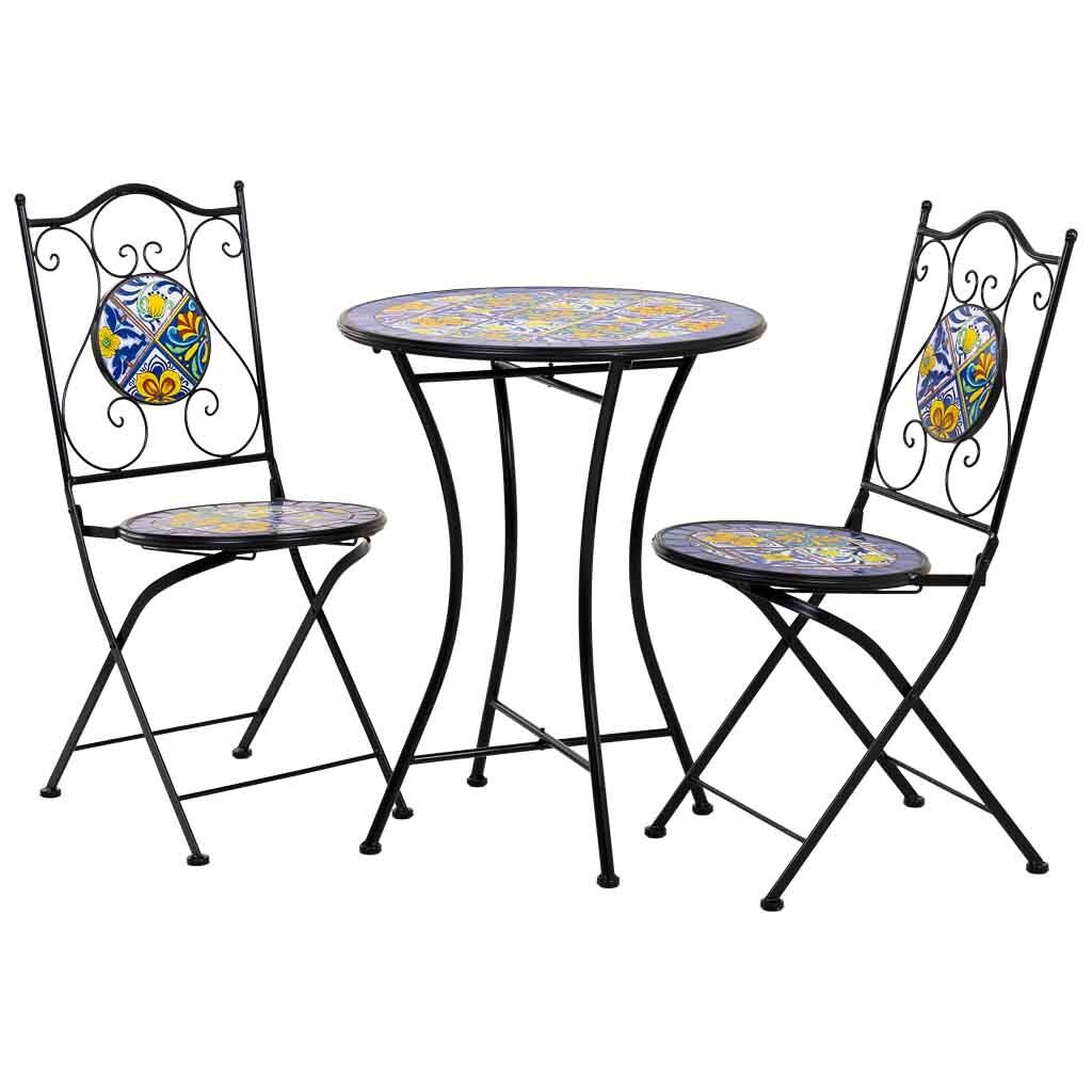 Conjunto mesa y dos sillas de mosaico y forja
