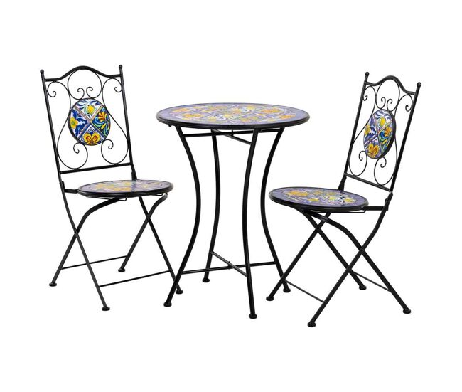 Conjunto mesa y dos sillas de mosaico y forja