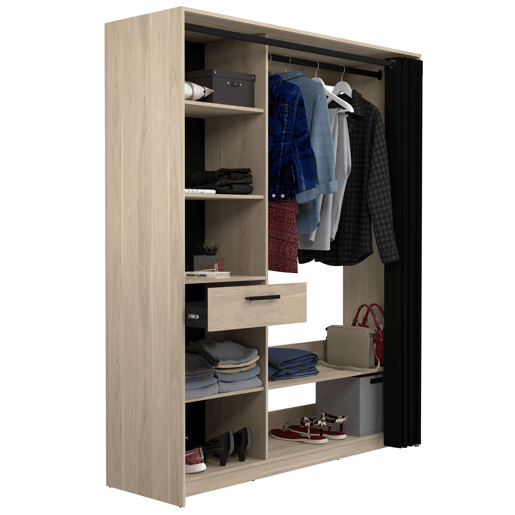 Quarto de vestir moderno Aura em carvalho Dakota e preto com colunas, prateleiras e bar 161x200x50 cm Quarto de vestir moderno Aura em carvalho Dakota e preto com colunas, prateleiras e bar 161x200x50 cm