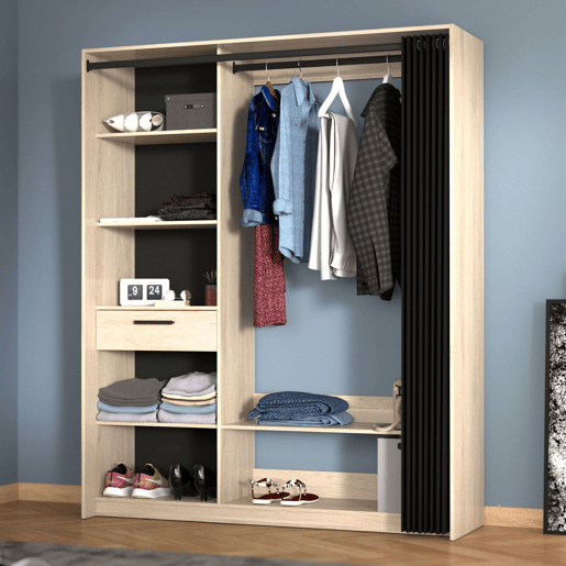 Quarto de vestir moderno Aura em carvalho Dakota e preto com colunas, prateleiras e bar 161x200x50 cm Quarto de vestir moderno Aura em carvalho Dakota e preto com colunas, prateleiras e bar 161x200x50 cm