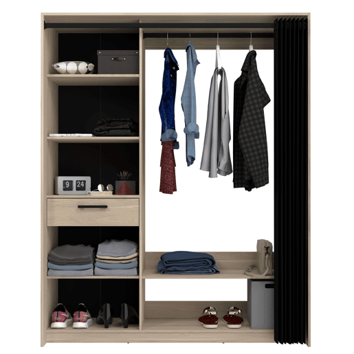 Quarto de vestir moderno Aura em carvalho Dakota e preto com colunas, prateleiras e bar 161x200x50 cm Quarto de vestir moderno Aura em carvalho Dakota e preto com colunas, prateleiras e bar 161x200x50 cm