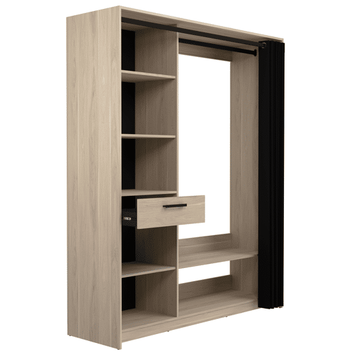 Quarto de vestir moderno Aura em carvalho Dakota e preto com colunas, prateleiras e bar 161x200x50 cm Quarto de vestir moderno Aura em carvalho Dakota e preto com colunas, prateleiras e bar 161x200x50 cm