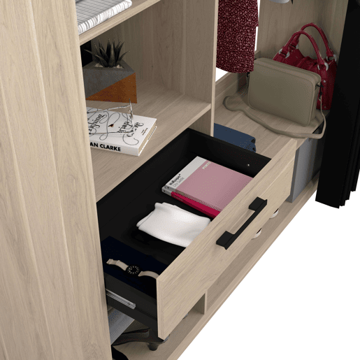 Quarto de vestir moderno Aura em carvalho Dakota e preto com colunas, prateleiras e bar 161x200x50 cm Quarto de vestir moderno Aura em carvalho Dakota e preto com colunas, prateleiras e bar 161x200x50 cm