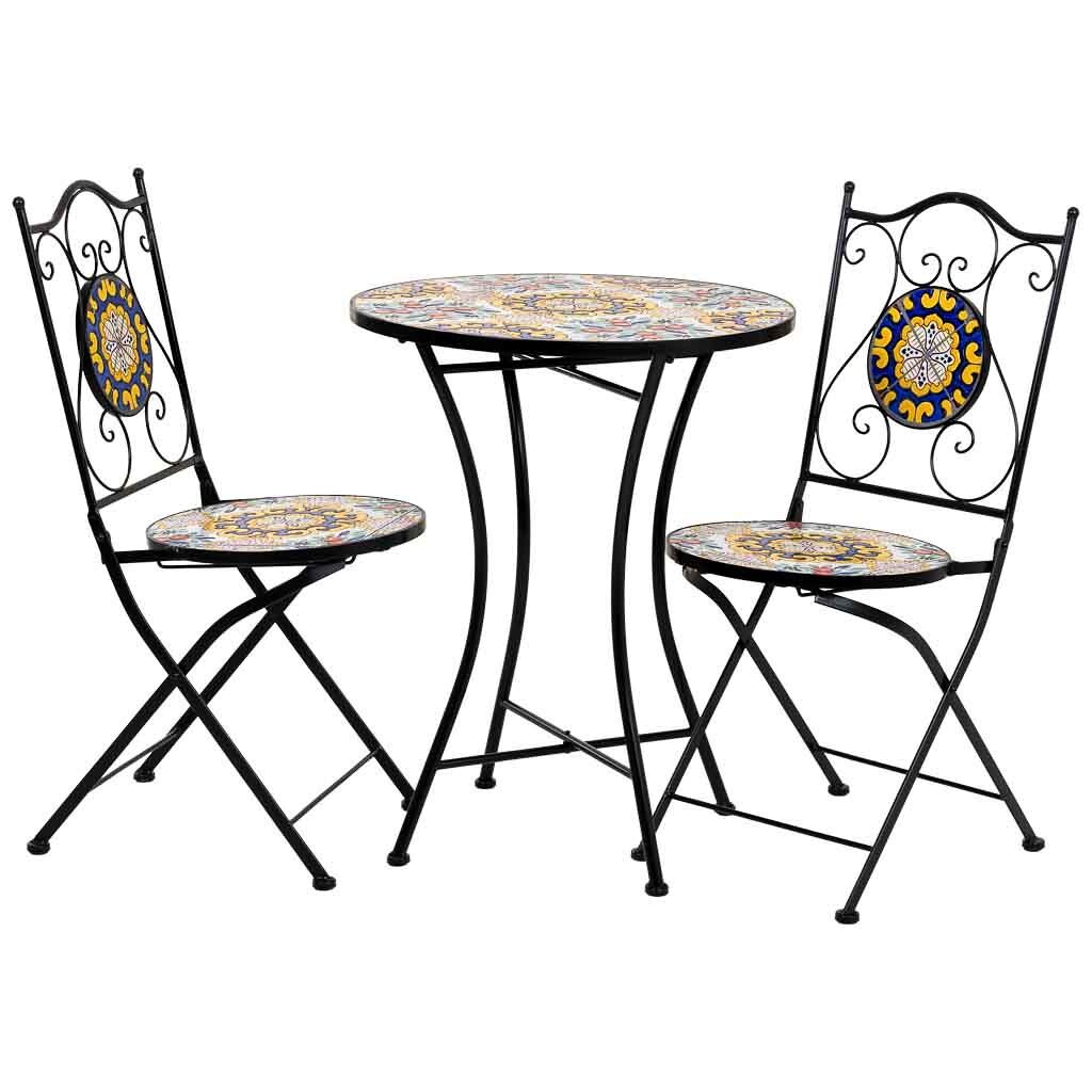 Conjunto mesa y dos sillas de mosaico y forja
