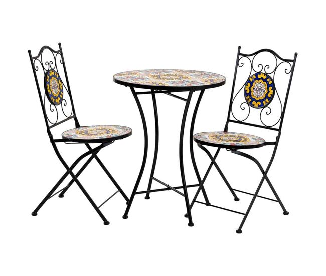 Conjunto mesa y dos sillas de mosaico y forja