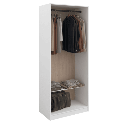 Quarto de vestir Modulix Flexa em branco fosco e carvalho Jackson com 1 prateleira e 1 trilho 83x200x50 cm