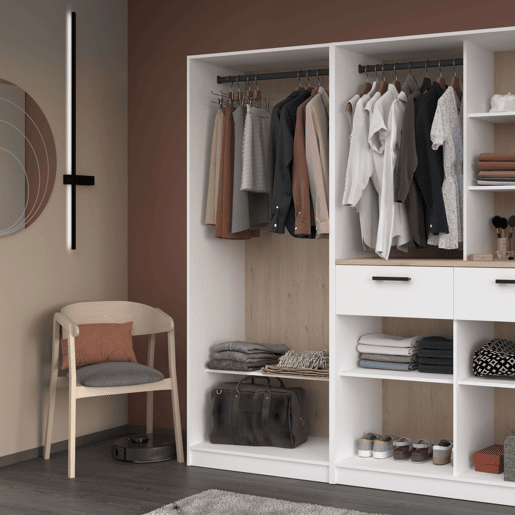 Quarto de vestir Modulix Flexa em branco fosco e carvalho Jackson com 1 prateleira e 1 trilho 83x200x50 cm