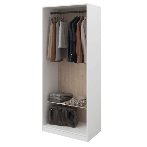 Quarto de vestir Modulix Flexa em branco fosco e carvalho Jackson com 1 prateleira e 1 trilho 83x200x50 cm