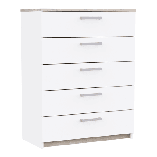 Cômoda Watson estilo nórdico para quarto em branco fosco e carvalho Kronberg com 5 gavetas 80x103x41 cm