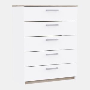 Cômoda Watson estilo nórdico para quarto em branco fosco e carvalho Kronberg com 5 gavetas 80x103x41 cm
