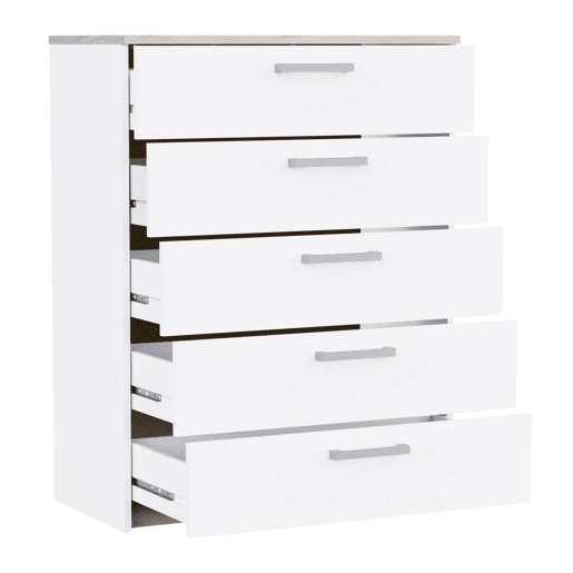 Cômoda Watson estilo nórdico para quarto em branco fosco e carvalho Kronberg com 5 gavetas 80x103x41 cm