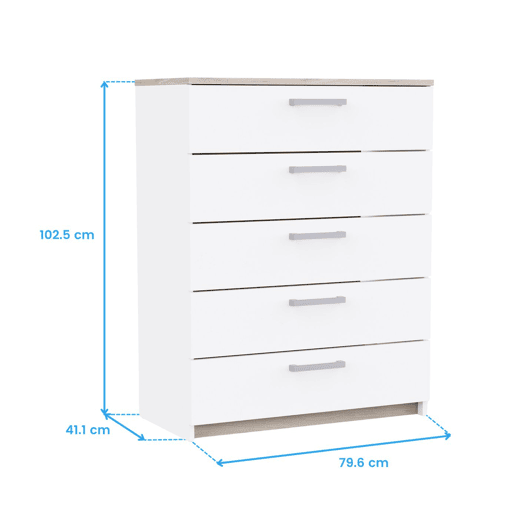Cômoda Watson estilo nórdico para quarto em branco fosco e carvalho Kronberg com 5 gavetas 80x103x41 cm