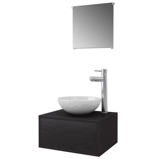 vidaXL Conjunto móveis casa de banho 4 pcs com bacia e torneira, preto