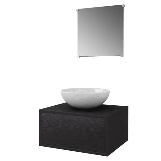 vidaXL Conjunto móveis casa de banho 4 pcs com bacia e torneira, preto