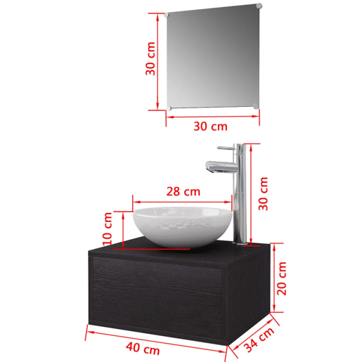 vidaXL Conjunto móveis casa de banho 4 pcs com bacia e torneira, preto