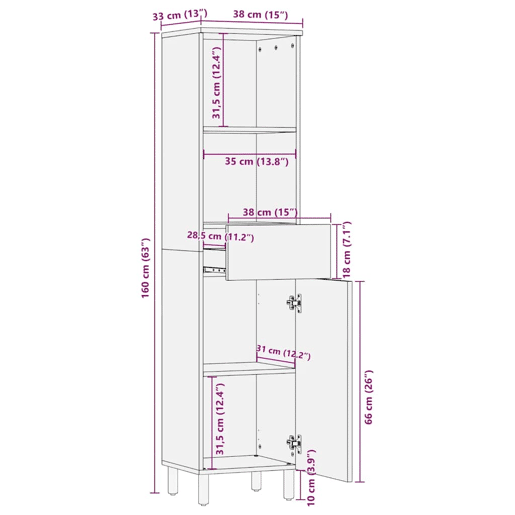 vidaXL Armário de casa de banho 38x33x160 cm mangueira maciça castanho