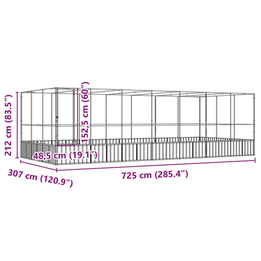 vidaXL Aviário com extensão 725x307x212 cm aço prateado