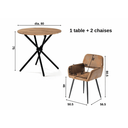 Conjunto de mesa de jantar e 2 cadeiras Fontana KD 80 cm estilo industrial escuro com efeito de madeira + MAYFAIR SUEDE BROWN A Conjunto de mesa de jantar e 2 cadeiras Fontana KD 80 cm estilo industrial escuro com efeito de madeira + MAYFAIR SUEDE BROWN A