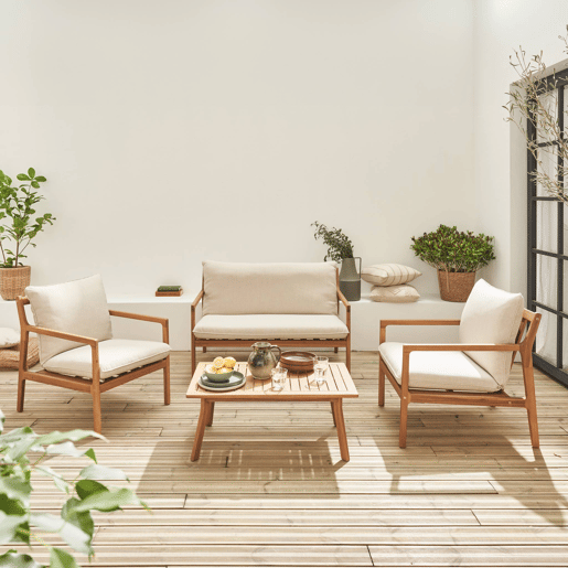 Conjunto de mobiliário de jardim em acácia, 4 lugares, Nalda, Beige, 120x75x78 cm
