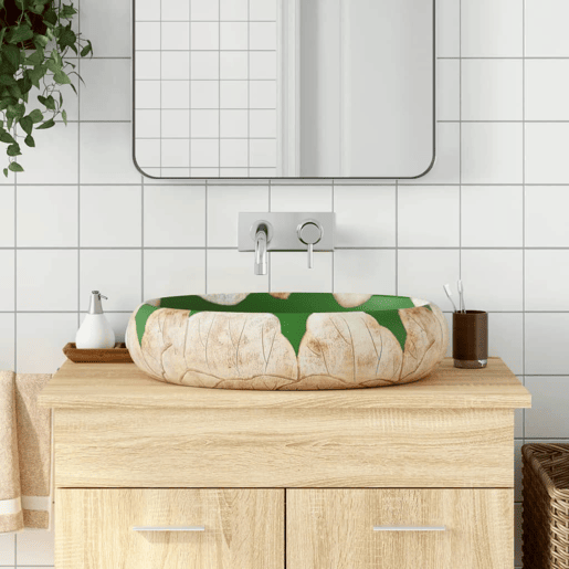 vidaXL Lavatório de bancada oval 59x40x15 cm cerâmica verde e castanho