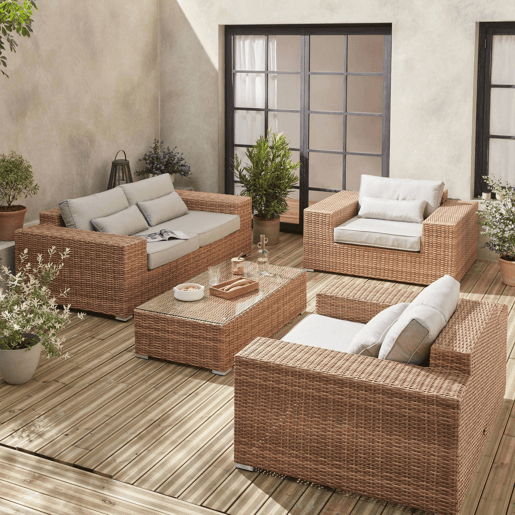 Conjunto extra grande de mobiliário de jardim em resina, 4 lugares, Gubbio, Beige, 219x110x68 cm