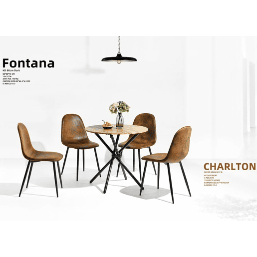 Mesa de jantar Fontana KD 80 cm escura + CHARLTON SUEDE BROWN S FRXZ B estilo retro vintage com efeito de madeira e conjunto de 4 cadeiras