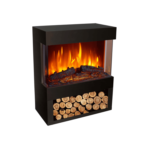 Fogão elétrico de chão. Inclui tubo de escape decorativo Efeito de chama LED independente do aquecedor Efeito madeira. Duas potências. Termostato regulável. Espaço inferior para troncos decorativos.