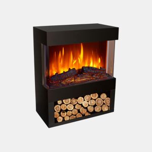 Fogão elétrico de chão. Inclui tubo de escape decorativo Efeito de chama LED independente do aquecedor Efeito madeira. Duas potências. Termostato regulável. Espaço inferior para troncos decorativos.