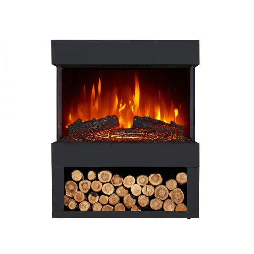 Fogão elétrico de chão. Inclui tubo de escape decorativo Efeito de chama LED independente do aquecedor Efeito madeira. Duas potências. Termostato regulável. Espaço inferior para troncos decorativos.