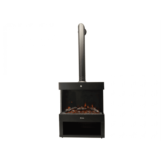 Fogão elétrico de chão. Inclui tubo de escape decorativo Efeito de chama LED independente do aquecedor Efeito madeira. Duas potências. Termostato regulável. Espaço inferior para troncos decorativos.
