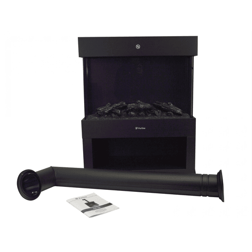 Fogão elétrico de chão. Inclui tubo de escape decorativo Efeito de chama LED independente do aquecedor Efeito madeira. Duas potências. Termostato regulável. Espaço inferior para troncos decorativos.
