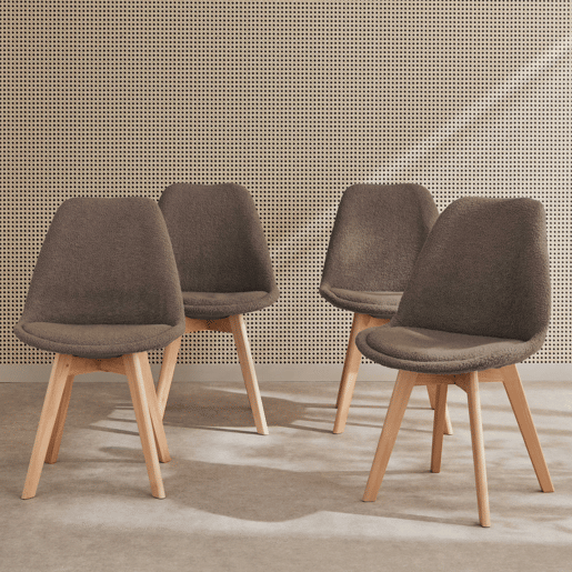 Cadeira escandinava encaracolada com pernas de madeira, set de 4, Nils boucle, Taupe, 47x55x81 cm