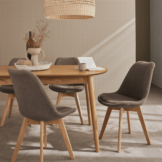 Cadeira escandinava encaracolada com pernas de madeira, set de 4, Nils boucle, Taupe, 47x55x81 cm