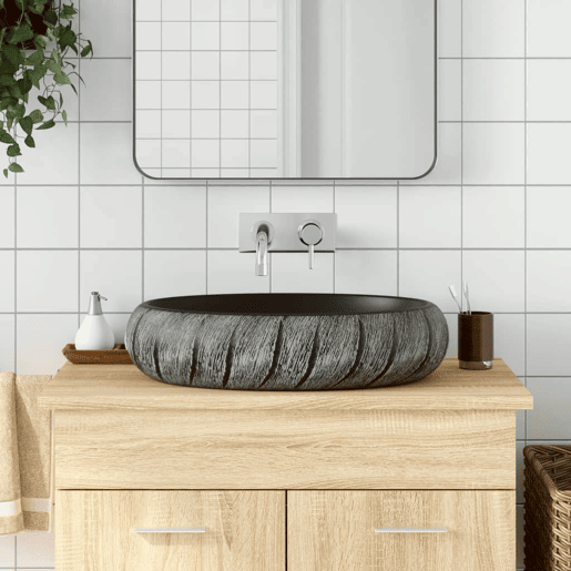 vidaXL Lavatório de bancada oval 59x40x15 cm cerâmica preto e cinza vidaXL Lavatório de bancada oval 59x40x15 cm cerâmica preto e cinza