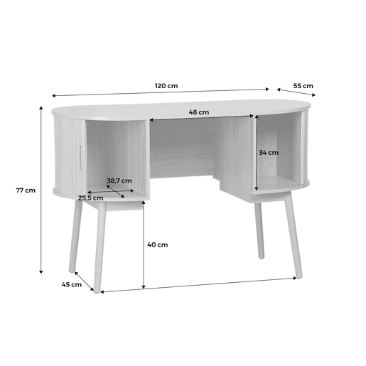 Secretária oval com efeito de madeira com 2 espaços de arrumação, 120cm, Legacy, Natural, 120x55x77 cm