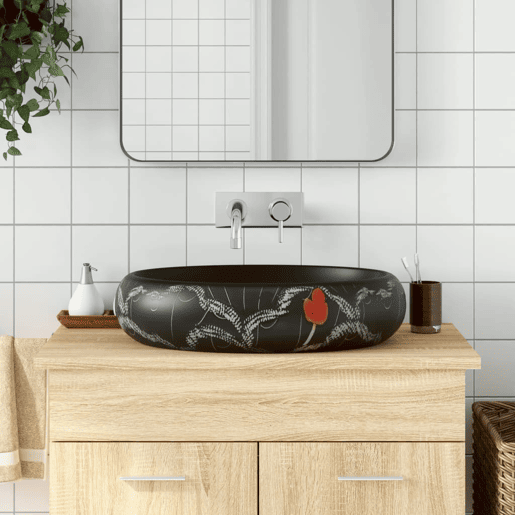 vidaXL Lavatório de bancada oval 59x40x15 cm cerâmica preto vidaXL Lavatório de bancada oval 59x40x15 cm cerâmica preto