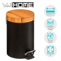 WELL HOME - Balde com Pedal 3L em Metal e Bambu em Preto Ø25,5cm