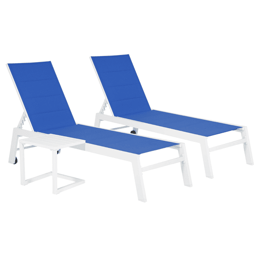 Conjunto de 2 espreguiçadeiras BARBADOS em textilene azul e mesa de apoio - alumínio branco