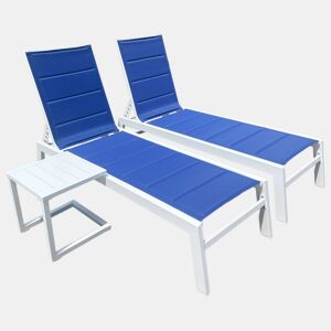 Conjunto de 2 espreguiƧadeiras BARBADOS em textilene azul e mesa de apoio - alumĆnio branco