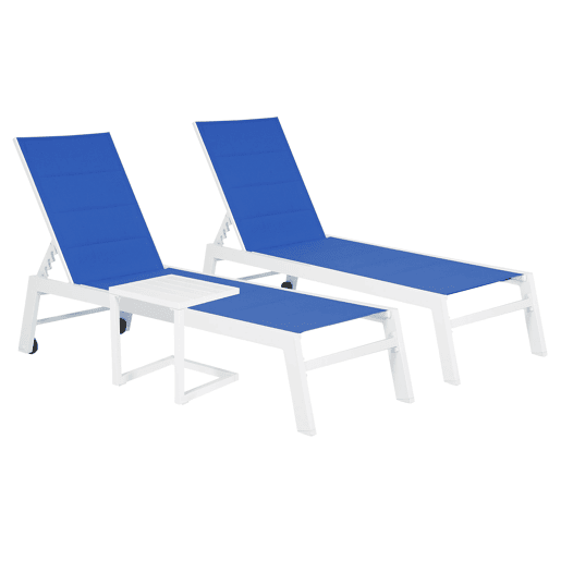 Conjunto de 2 espreguiçadeiras BARBADOS em textilene azul e mesa de apoio - alumínio branco