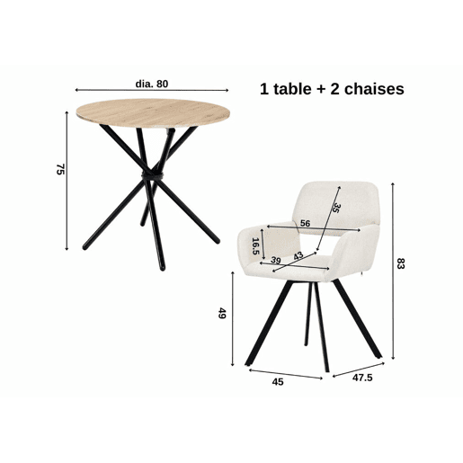 Fontana KD 80cm Carvalho + CALIFORNIA KD BEGE GIRATÓRIA Um conjunto de mesa de jantar de estilo moderno e 2 cadeiras giratórias