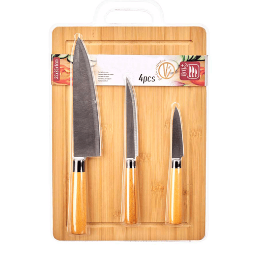 Conjunto tábua de bambu + 3 facas Conjunto tábua de bambu + 3 facas