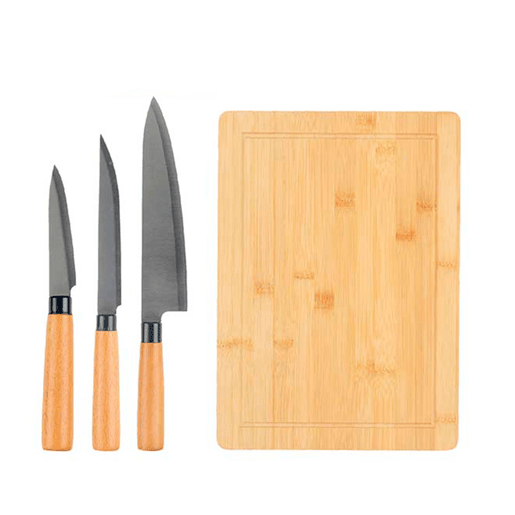 Conjunto tábua de bambu + 3 facas Conjunto tábua de bambu + 3 facas