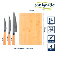 Conjunto tábua de bambu + 3 facas Conjunto tábua de bambu + 3 facas