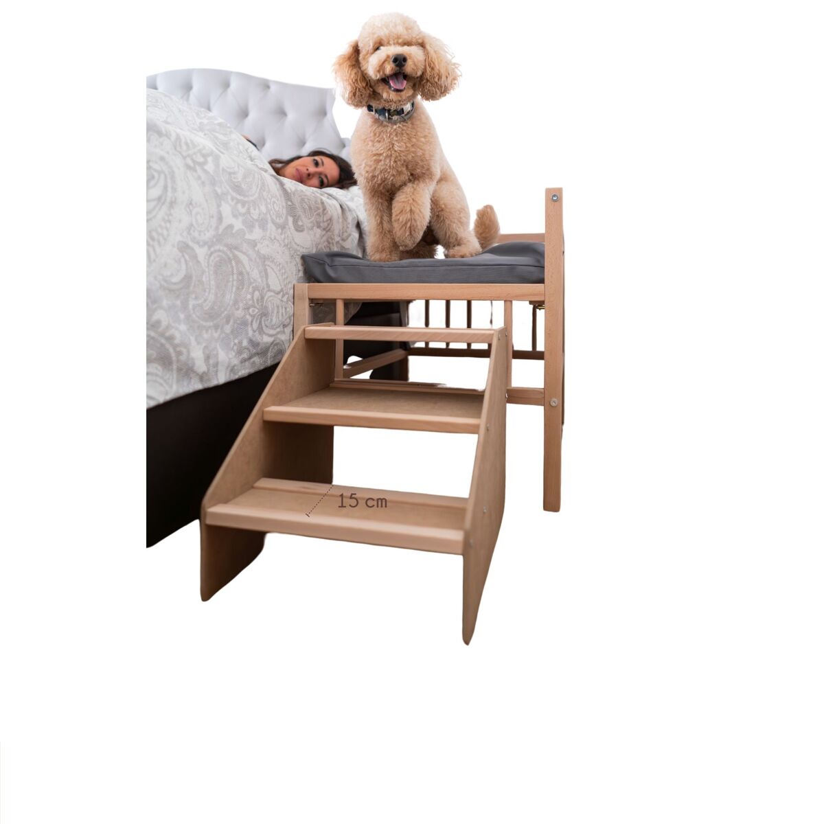 Cama para perro, gato, mascota. elevada de madera con escalón. con colchón de espuma viscoelástico ortoflex. 2 alturas. faunatic impermeable