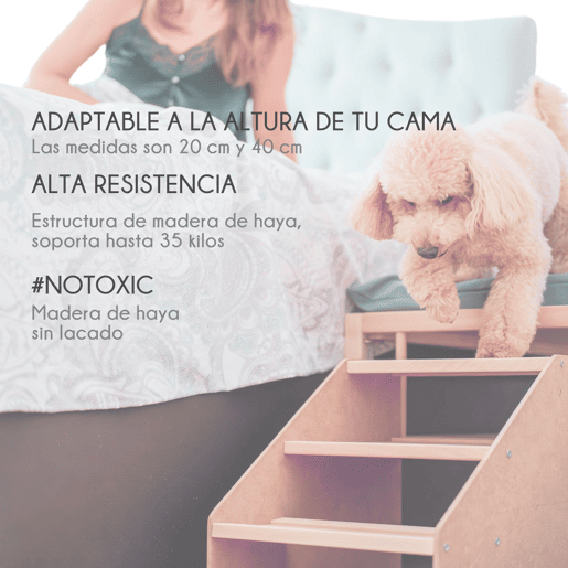 Cama para cão, gato, animal de estimação. Cama de madeira elevada com degrau. Com colchão de espuma viscoelástica Ortoflex. 2 alturas. Faunatic impermeável