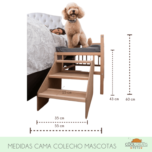 Cama para cão, gato, animal de estimação. Cama de madeira elevada com degrau. Com colchão de espuma viscoelástica Ortoflex. 2 alturas. Faunatic impermeável