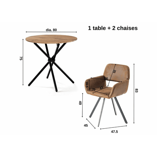 Conjunto de mesa de jantar giratória Fontana KD 80 cm estilo industrial escuro e 2 cadeiras + CALIFORNIA KD SUEDE CASTANHO GIRATÓRIA A